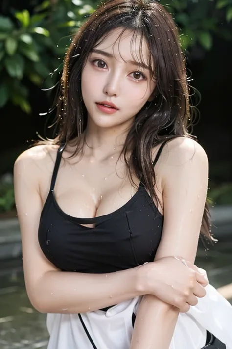 (Best quality, 4k, Masterpiece :1.3), pretty woman, 1girl, sexy :1.1, dark brown hair: 1.1, (rainy wet, wet from rain, wet body :1.2), white tank tops, ultra-detailed face, detailed lips, detailed eyes, double eyelid