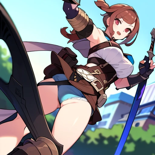 (((8k,Best Quality)), Masterpiece, outdoor, girl, holding sword, dynamic pose, feet out of frame,  female, variety of hair styles, variety of hair colors,  solo, ((gauntlets)), ((greaves)), belt pouch, thong, blurry background,
dutch angle, facing away,
