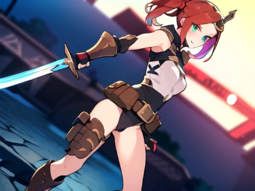 (((8k,Best Quality)), Masterpiece, outdoor, girl, holding sword, dynamic pose, feet out of frame,  female, variety of hair styles, variety of hair colors,  solo, ((gauntlets)), ((greaves)), belt pouch, thong, blurry background,
dutch angle, facing away,
