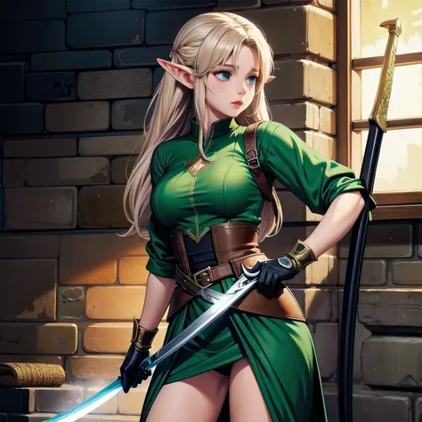 ((artwork, best quality)), ultra detailed, mature elf girl, female elf, wearing archer tunic, wielding a thin bladed sword, inside a dark dungeon