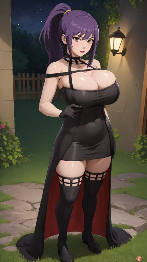 masterpiece, best quality, extremely detail 8k cg, high resolution, 1girl, yuugao, solo, purple hair, long hair, sidelocks, ponytail, brown eyes, perfect eyes, slim body, huge breasts, bursting breasts, standing, black dress, black thighhighs, black gloves...