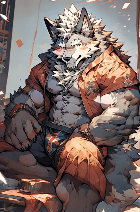 solo, male, werewolf, ((mature and older werewolf with muscular and bulky, burly build)), canine, facial hair covering a black beard, blushing, chest and stomach hair, smiling with happiness, grey fur covering his fluffy body and fluffy legs, splayed legs ...