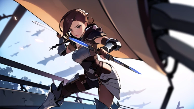 (((8k,Best Quality)), Masterpiece, outdoor, girl, holding sword, dynamic pose, combat, feet out of frame,  female, fantasy armor,  solo, blurry background, low detail background,
dutch angle, facing away,
