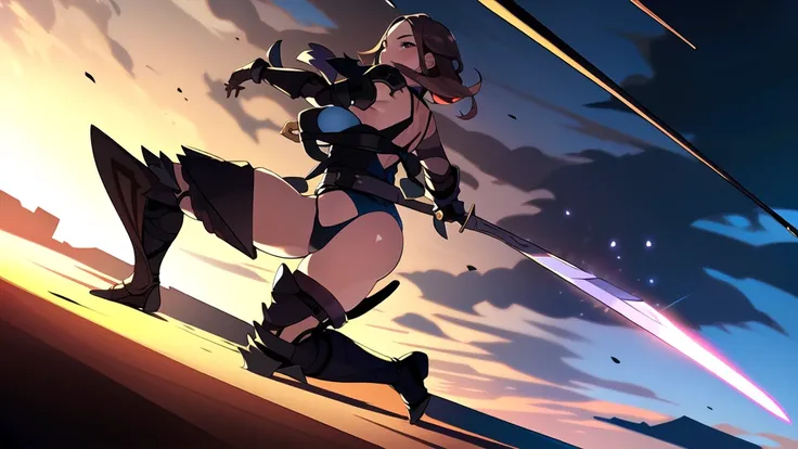 (((8k,Best Quality)), Masterpiece, outdoor, girl, holding sword, dynamic pose, combat, feet out of frame,  female, fantasy armor,  solo, thong, blurry background, low detail background,
dutch angle, facing away,
