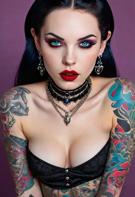 hyper realistic photo perfect succubus vampire, sexy seductive facial features, tattooed face, smooth snow white skin, thin curv...