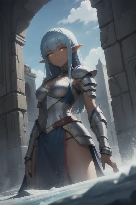 Dark skin, ancient elf, rare, sophisticated maiden, celestial armor, beautiful girl, long icy blue hair, violet glowing eyes, dark skin, palace ruins,