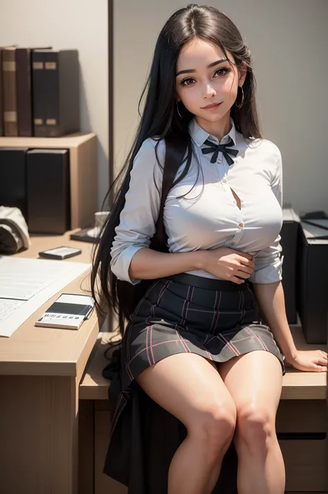 ((RAW photograph, Realistic photo, Best quality, 8K, Masterpiece: 1.3)), (full figure:0.9), Secretary of Mexico, They are 30 years old, aligned eyes, smiling, Very long straight hair, She will be wearing a tight striped skirt, (micro mini skirt:1.2), She w...