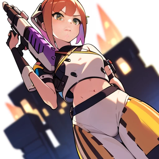 colorful , masterpiece, best quality, 1girl, weapon, solo, fantasy weapon, ((blurry background)),  crop top, orange, green, violet, brown, white, (((low detail background))), dutch angle,
