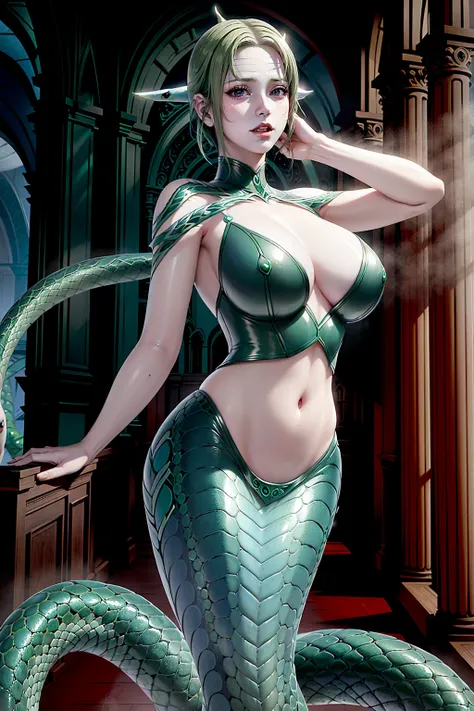 milf, mature female, blue eyes, (red lips), smile , parted lips, (long blonde hair), green scales, (green snake tail:1.3) , Ultra-realistic snake scales, Large breasts, narrow waist, wide hips, nun cap, blue dress, dark eyeshadow, sexy pose, church, cathed...