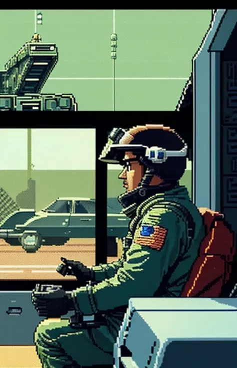 a man in a helmet and goggles sits in a car, pixel art inspired by oka yasutomo, flickr, pixel art, 70's jetfighter pilot, sci -...