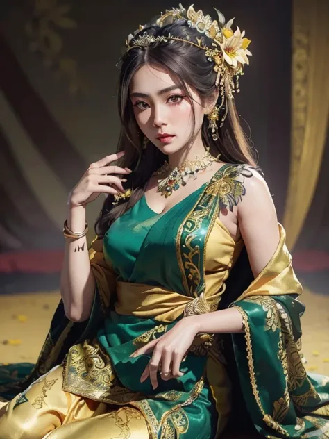 araffe woman with small breast in a green and black dress with a flower in her hair, traditional beauty, wearing an ornate outfit, wearing balinese ornate clothing, ornate , intricate outfit, beautiful oriental woman, beautiful balinese costume, traditiona...