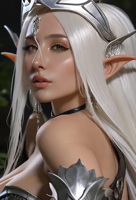  elf ,white eyebrows, eyelashes, curved mouth expression, smooth skin, long luscious platinum white hair, short ears, earrings, full detailed body, detailed seductive paladin armor, fantasy two handed claymore, fantasy dnd at night full moon light