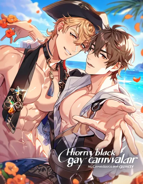 absurdres, highres, ultra detailed, HDR, master piece, best quality, Quincy, blond messy hair, expressive orange eyes, Nu Carnival, Eiden, expressive brown eyes, 2men together, sexy gay couple, handsome, horny, lewd, black hat, fantasy black pirate clothes...