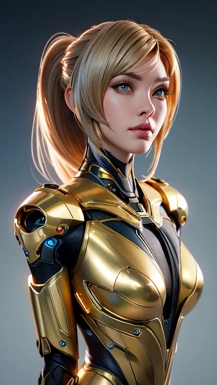 medium long body shot of beautiful cyborg girl in shiny gold armor suit, beautiful cyborg girl pinup, cute cyborg girl, hyperrealistic fantasy art,  beautiful white girl cyborg, broken beautiful female android, sci-fi fantasy art, detailed sci-fi art, Atmo...