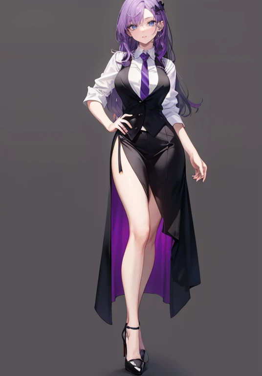 ((Perfect Face)),Purple Hair,Long Hair,1 female,bartender,Black vest,Shirt with rolled up sleeves,tie,slit,High heels,,((Simple Background)),smile,((whole body)),((whole body)),Portraiture,virtual,upright,,Standing upright with face and body facing forward...