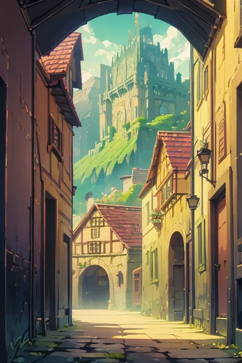 fantasy world, estilo isekai de anime, city in the mountains, estilo pixel art,