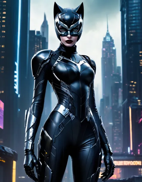 18 yo 1woman, [Anne Hathaway:Michelle Pfeiffer:0.52] as Selina Kyle Donning Cyberpunk Catwoman Mecha Armor costume, exudes beauty with her radiant, smooth skin. Her strong, serious demeanor and confident stance convey an air of convincing allure. insanely ...