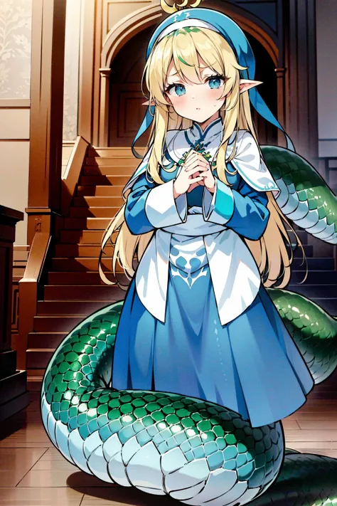 masterpiece, best quality,a girl,Lamia,greensnake tail,Long blonde hair,blue eyes,nun,full-body shot,charming face, Oval face, nun cap, nun gown, blue dress, detached cuffs