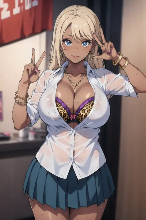 masterpiece, best quality, 1girl, solo, breasts, cleavage, blonde hair, long hair, parted bangs, blue eyes, looking at viewer, sweat, large breasts, (dark skin:1.3), white collared shirt, pleated skirt, flashy gyaru, happy, showy,too many accessories, colo...