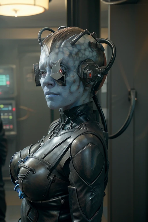 andorian woman, blue skin, white hair, antennae, leather armor,  veins popping out on her skin. she is being brainwashed into be...