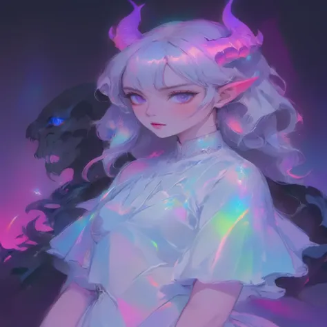 craft a holographic anime-style illustration of a regal demon girl, exuding an aura of majesty and mystery. she is adorned with ...