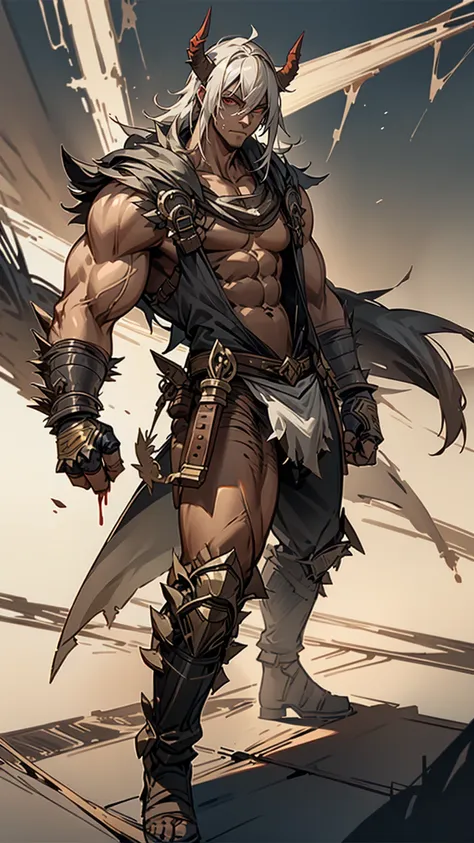 long white aged hair, devil horns, tan skin color, muscular, man, male,  bloodied