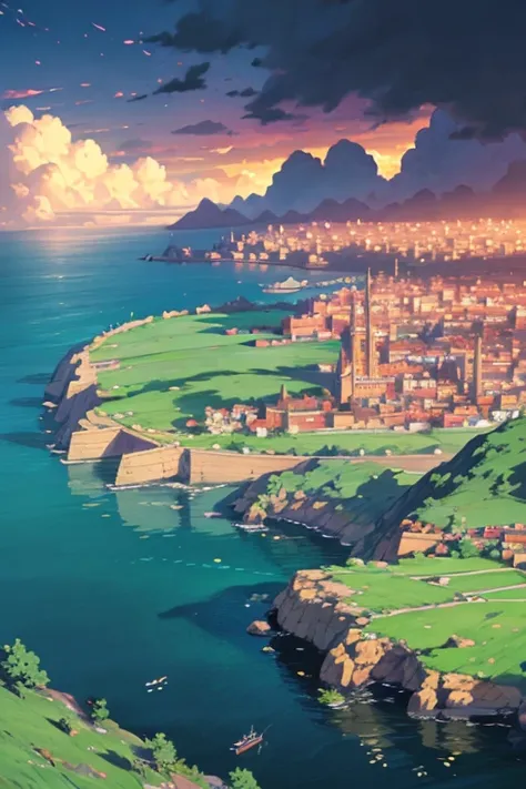 fantasy world, estilo isekai de anime, puerto con vista al mar y la playa, estilo pixel art,