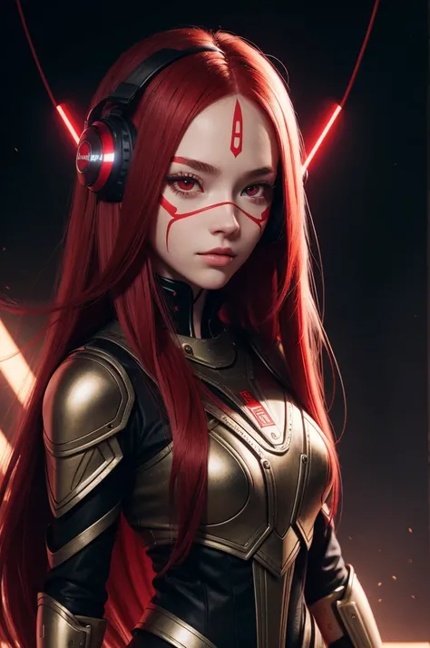 girl with long red hair, red eyes, futuristic vibes, mask on mouth, headphones, 8k, high quality, simple background, glowing eyes, nice pose