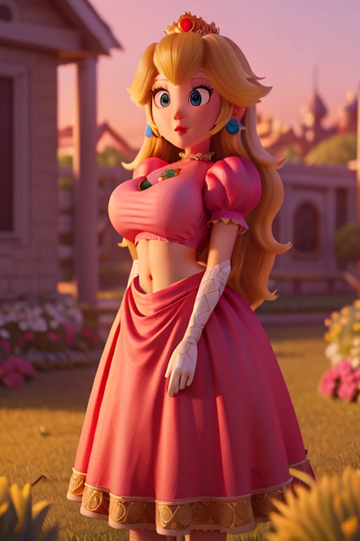 (high-quality detailed textures:1.2),princess peach,long sexy skirt,crop top,big breasts,deep neckline,peach-colored clothing,ul...