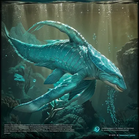 "A giant underwater creature with a streamlined body and fins. It swims gracefully through the water, its turquoise scales glistening in the filtered light. This creature evokes power and ancient wisdom, reminiscent of the Iyran from the Avatar movies." 