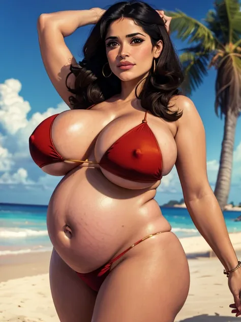 Salma Hayek, bikini, chubby body,bbw, morbidly obese, fat, Big pregnant round belly