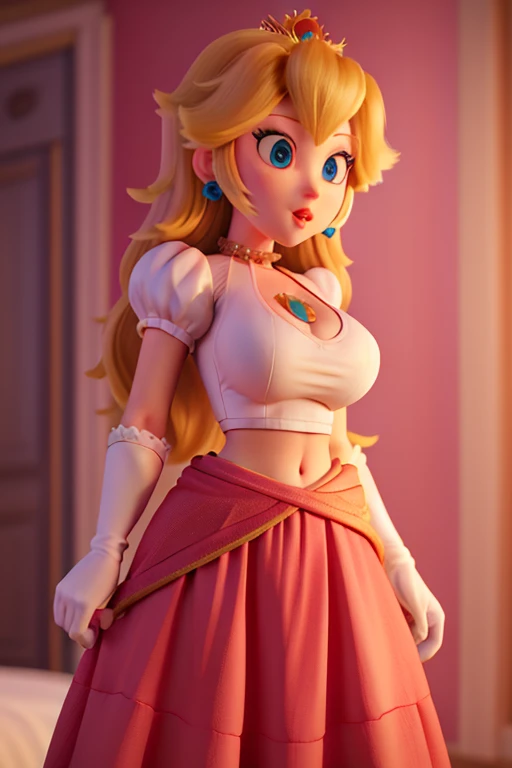 (high-quality detailed textures:1.2),princess peach,long sexy skirt,crop top,big breasts,deep neckline,peach-colored clothing,ul...