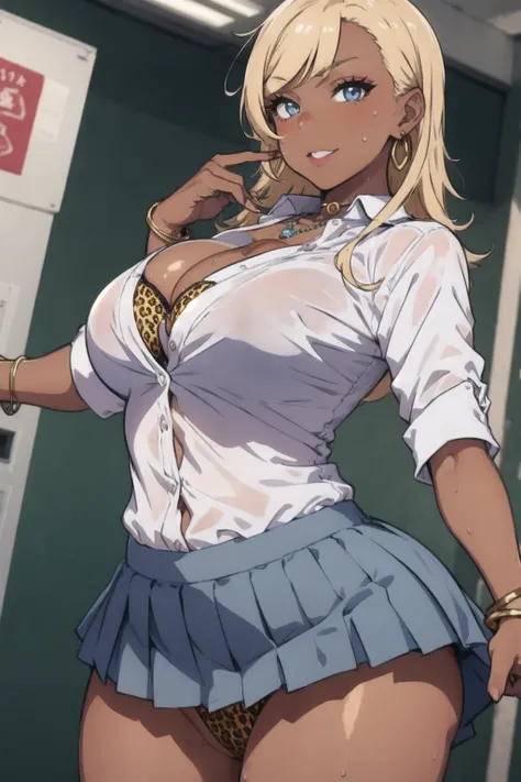 masterpiece, best quality, 1girl, solo, breasts, cleavage, blonde hair, long hair, parted bangs, blue eyes, looking at viewer, sweat, large breasts, (dark skin:1.3), white collared shirt, pleated skirt, flashy gyaru, happy, showy,too many accessories, colo...