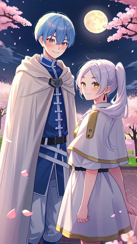 masterpiece, best quality, highres, 1girl frieren, white capelet striped shirt dress, 1boy himmel, cloak uniform smile, (cherry blossoms, cherry blossom, midnight, moon:1.1), (boy is smile:1.1),(boy looking at girl:1.2),(girl looking away:1.2)