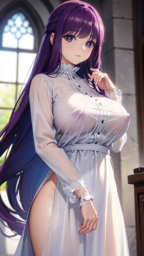 Super detailed, NSFW, masterpiece, High resolution, Photorealistic digital art, perfect lighting, (((1 girl, perfect anatomy))), accurate right hand, accurate left hand, five fingers, perfect style, Fern, Cute Magician, big purple eyes, Detailed and beauti...