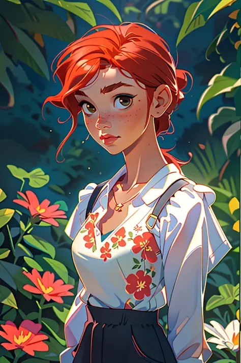 (masterpiece, best quality), 1girl, collarbone, wavy hair, looking at viewer, blurry, upper body, necklace, suspenders, floral print, ponytail, freckles, red hair, sunlight,