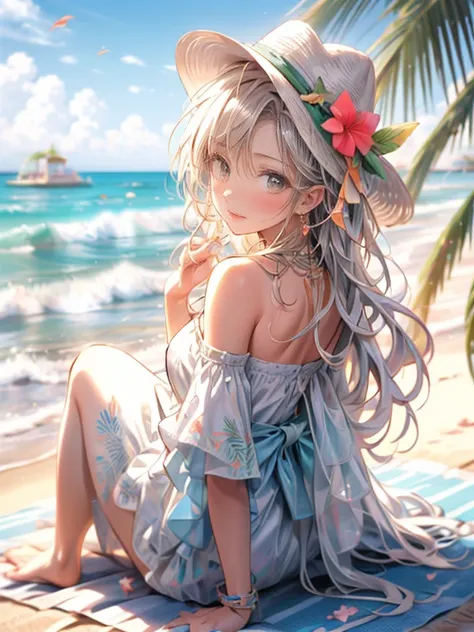 (best quality, highres, 32k , ultra-detailed:1.3, masterpiece:1.2, photorealistic:1.37), enjoying a beach vacation, cute girl ((...