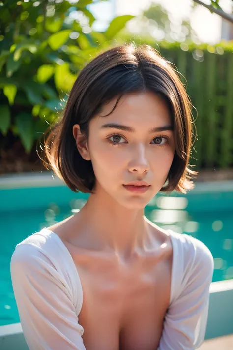 (see-through glossy Skin Tight Top:1.3), Looking at Viewer, The sunlight falls on the chest, Cinematic lighting, Perfect, softlight, High resolution skin:1.2, Realistic skin texture, 16 years old girl、Realistic face,natural make up、Small face、glowy skin, g...