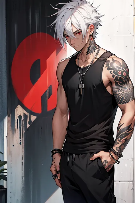 ((Best quality)), ((masterpiece)), top quality), standing alone, white hair, emo hair, red eyes, tattoos, bracelets, necklaces, rings, male, black tank top, black joggers