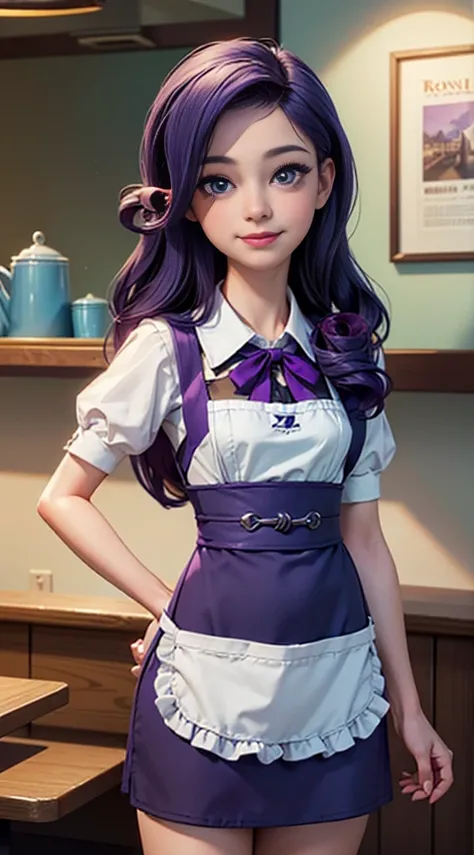 ((best quality)), ((highly detailed)), masterpiece, (detailed eyes, deep eyes), (1girl), dynamic angle, cowboy shot, mlprarity, woman, smile, looking at viewer, ((bright purple hair)), ((blue eyes)), (((waitress uniform))), cleavage, (indoor diner), light ...