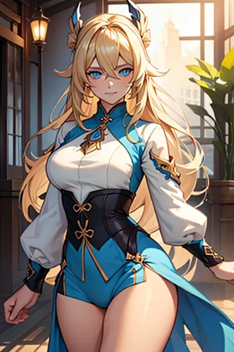 ((best quality)), ((masterpiece)), ((detailed)) woman, long blonde hair, bright blue eyes, soft smile, kind, pretty, curvy, genshin impact, dendro vision