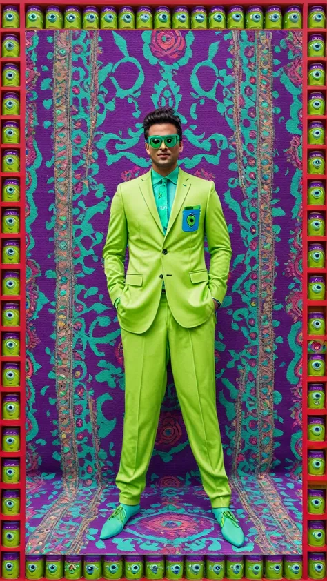 mike wazowski, background, bright colors, model, complex design, rich and colorful, rich colors, this, hassan, and, hajaj, style