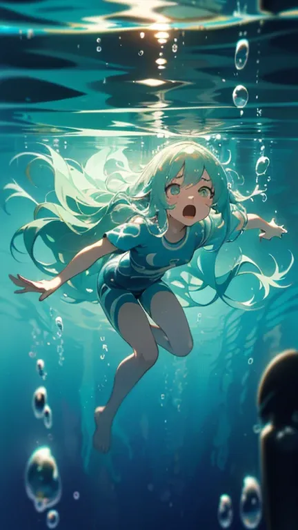 very detailed ,(full body view),[foot focus],anime,masterpiece,(a girl:1.1) ,(diving),(many bubbles gush out of her mouth) (fain...