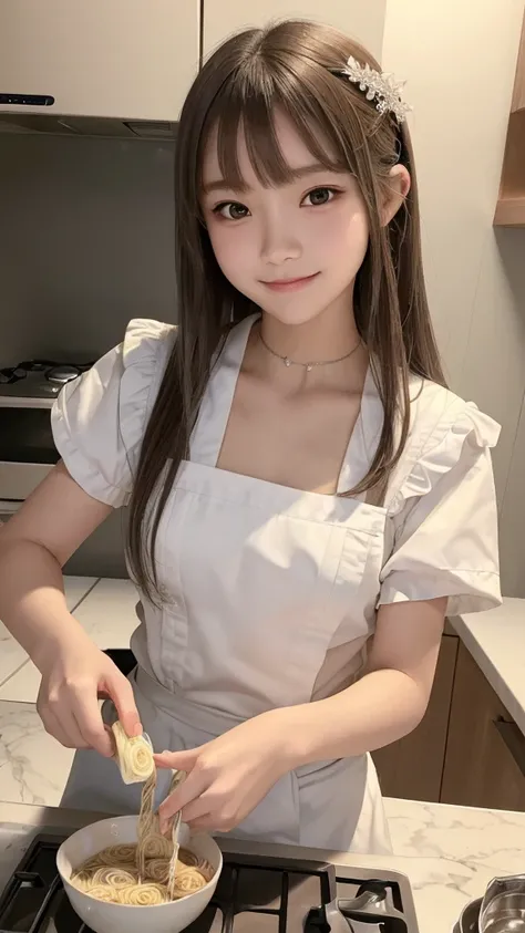 one girl, (a beauty girl, Delicate girl:1.3), (13 years old:1.3), break, (Cooking school kitchen:1.3), (Cook costume:1.3), (Eat cup ramen:1.4), perfectly trimmed fingers, break, Extremely fine grain resolution, (Symmetrical eyes:1.3), break, Small breasts,...