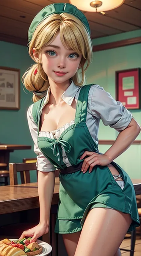 ((best quality)), ((highly detailed)), masterpiece, (detailed eyes, deep eyes), (1girl), dynamic angle, cowboy shot, mlpapplejack, woman, smile, looking at viewer, ((long blonde hair)), ((green eyes)), ((side swept bangs)), ((low tied ponytail)), (((waitre...