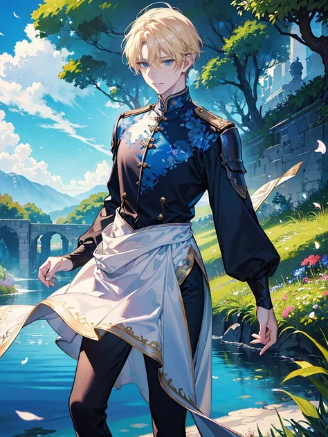 (best quality,4k,highres), a guy, a male, handsome, blonde short hair, mmorpg armor, blue eyes, smiling, detailed beautiful eyes, detailed beautiful lips, head straight staring into the viewer, warm light, blue sky, standing in the middle garden, vibrant c...