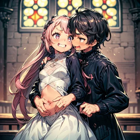 Girl with pink hair, long double-tailed hairstyle (small pink bushy eyebrows), dressed in gothic lolita clothes, lolicon (Zankuro) drawing style by zankuro artist, Zancro style, image uploaded to R34, (in a church full of people), flirtatious smile, sudden...