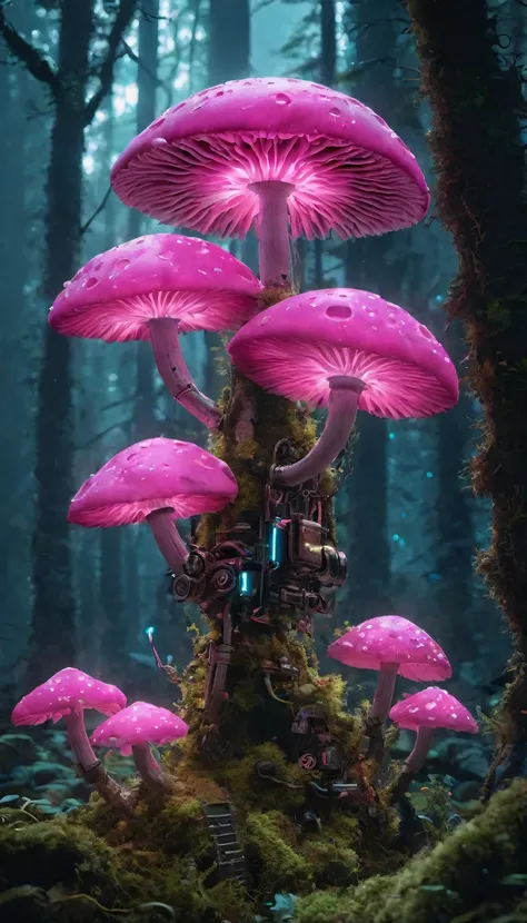 Bioluminescent Mushroom Robot, , Details of glowing mushrooms, Bright pink color, Ultra-realistic lighting, Super detailed mushrooms, Realistic design, Complex Components, enchanted magical forest setting, Covered with moss的肢体, Covered with moss, Mechanica...