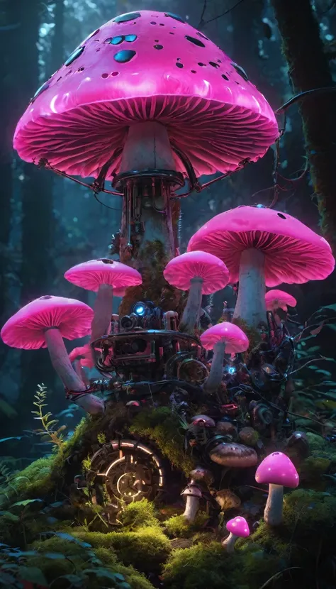 Bioluminescent Mushroom Robot, , Details of glowing mushrooms, Bright pink color, Ultra-realistic lighting, Super detailed mushrooms, Realistic design, Complex Components, enchanted magical forest setting, Covered with moss的肢体, Covered with moss, Mechanica...