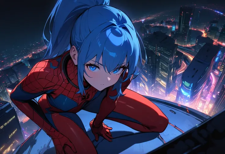 high resolution,high quality,masterpiece,solo,1 girl,blue long hair,high ponytail,blue eyes,((tall stature)),flat chest,spidermansuit,on one knee, spread legs, leaning forward, one hand on floor,outdoor,ciberpunk city,city lights,full body,front view,strai...